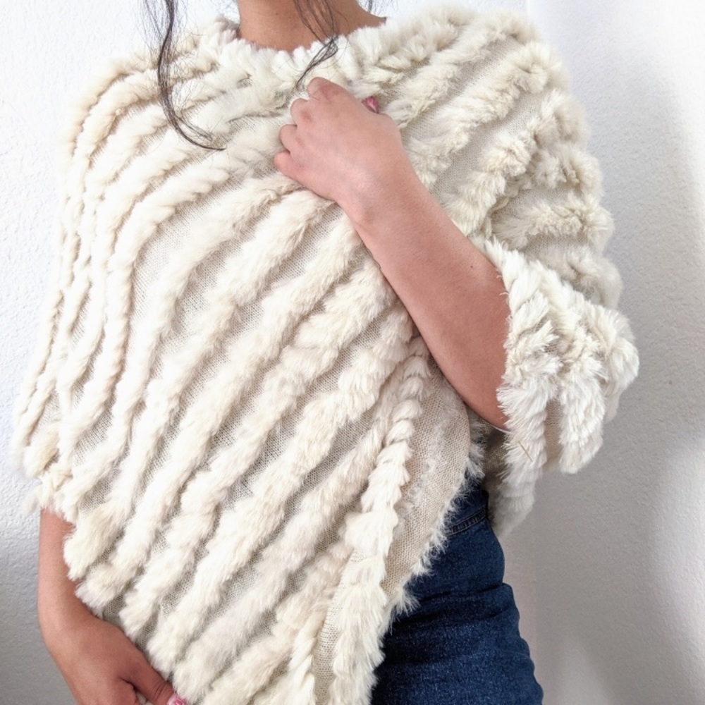 Rabbit Fur Cape Shawl Poncho Knit One Size